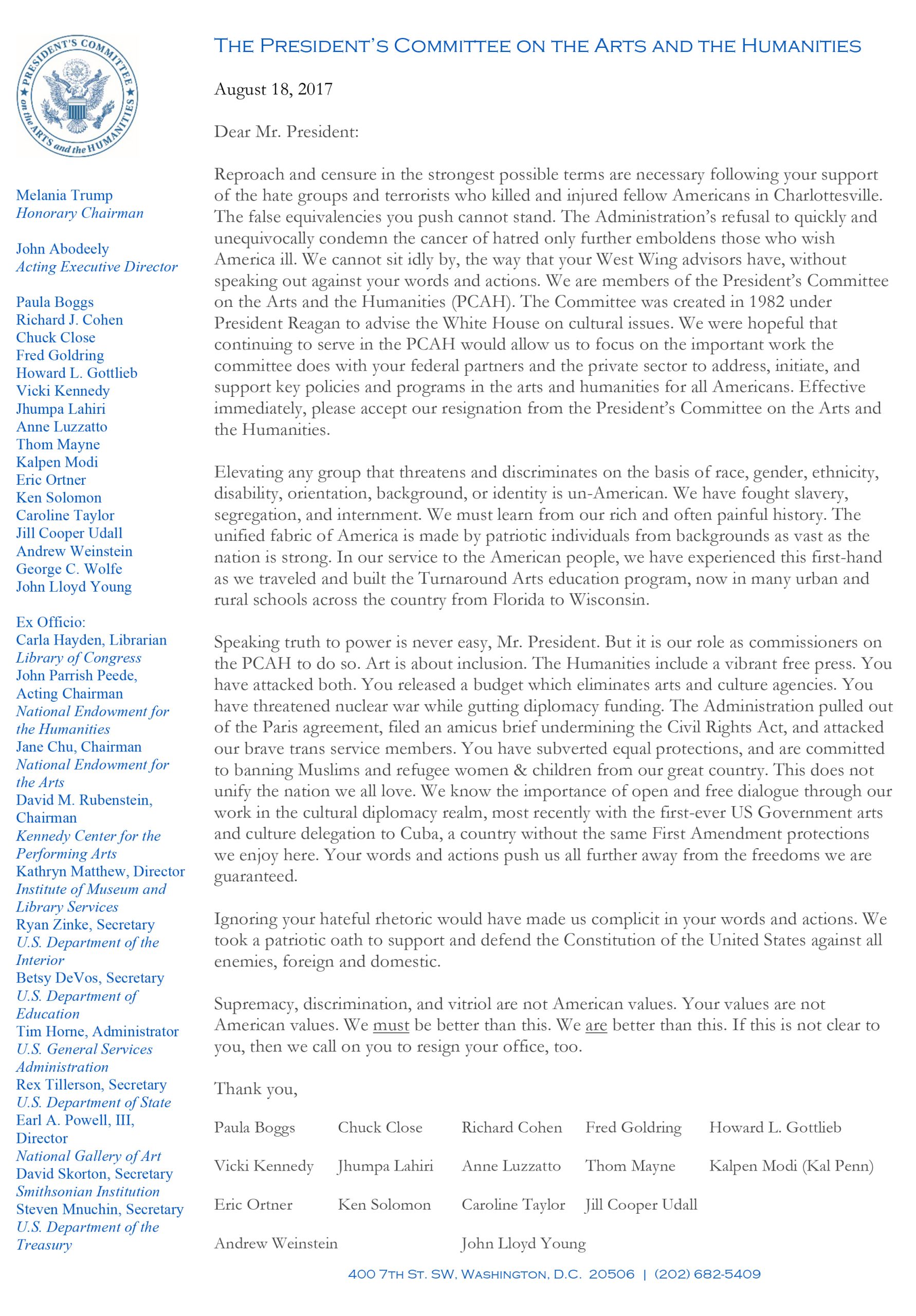 President’s Committee on the Arts and the Humanities call upon Trump to resign.