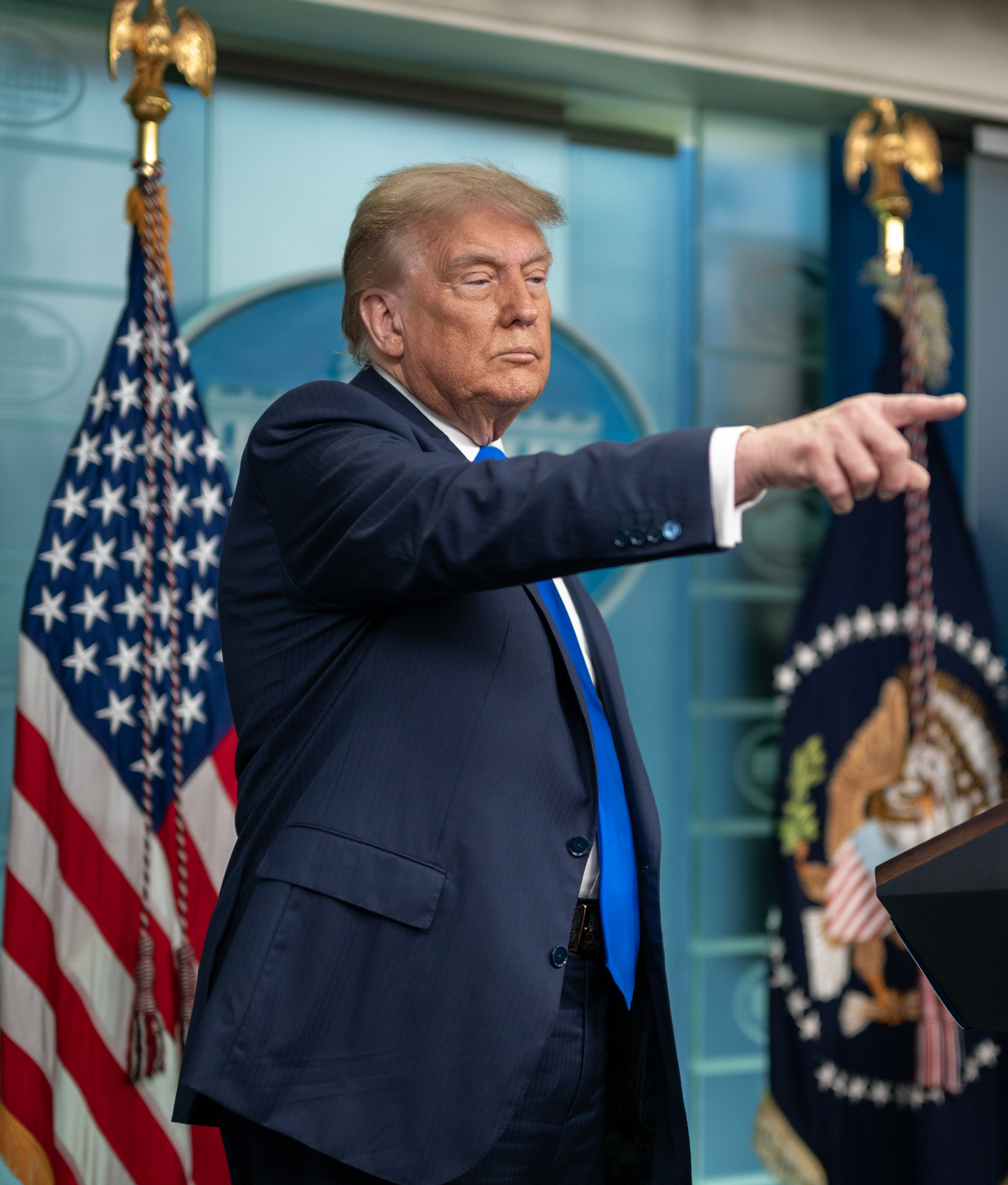 P20250627MR 0614 President Donald Trump holds a press conference with Attorney General Pam Bondi and Deputy Attorney General Todd Blanche in the James S. Brady Press Briefing Room (cropped)