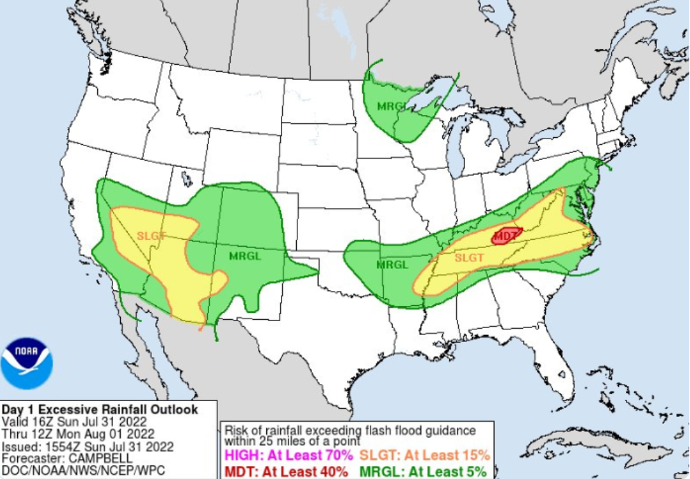 July 31, 2022 Day 1 Risk Outlook from the Weather Prediction Center
