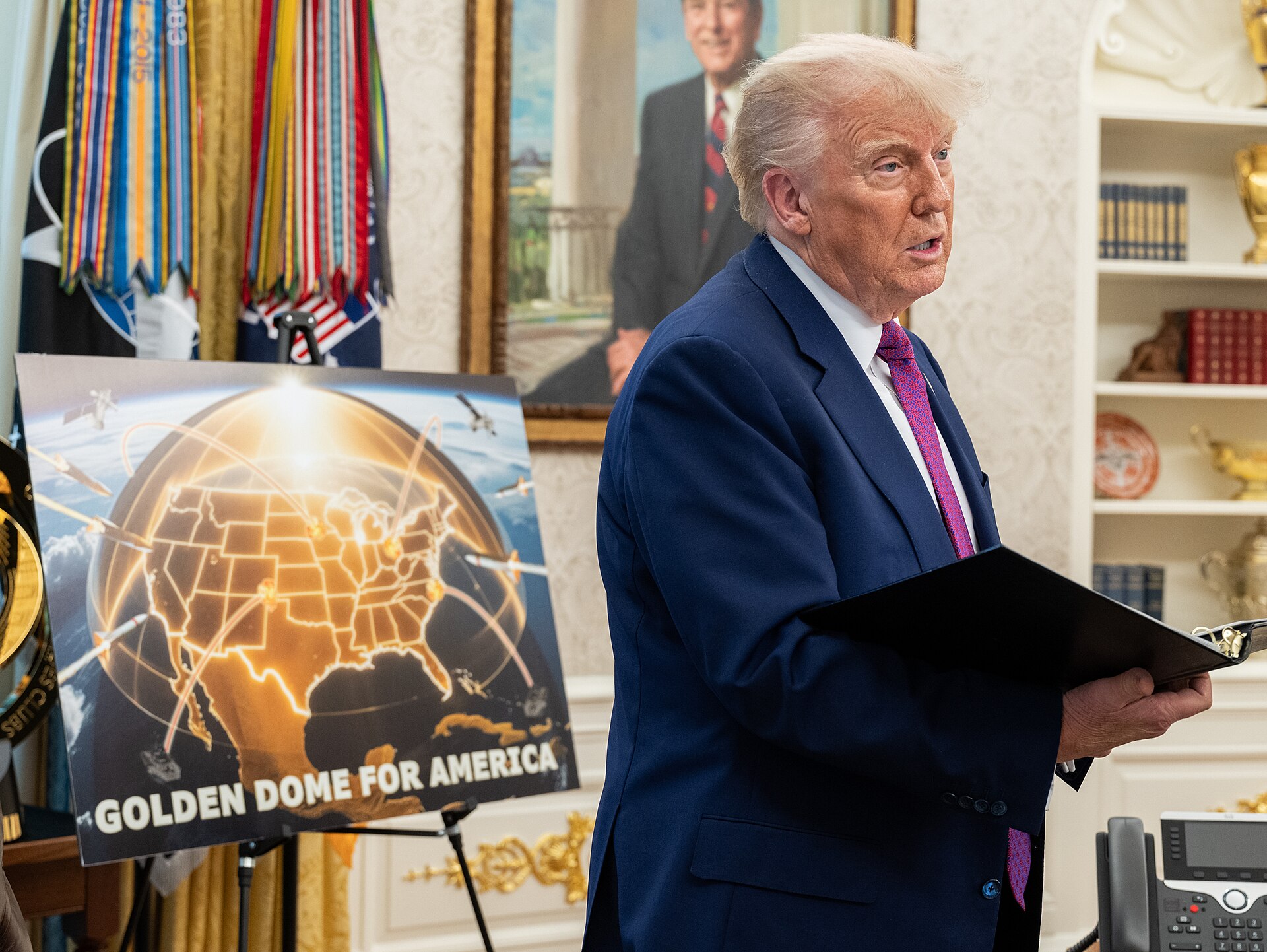 Donald Trump announces the Golden Dome missile defense system inside the White House Oval Office, May 20, 2025
