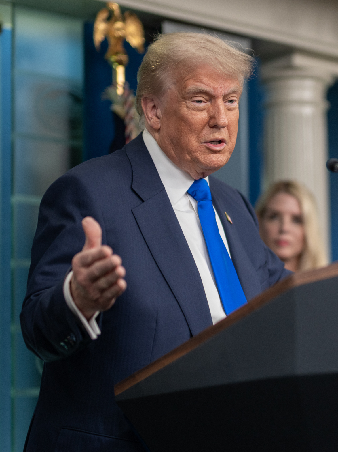 P20250627MR 0560 President Donald Trump holds a press conference with Attorney General Pam Bondi and Deputy Attorney General Todd Blanche in the James S. Brady Press Briefing Room (cropped)
