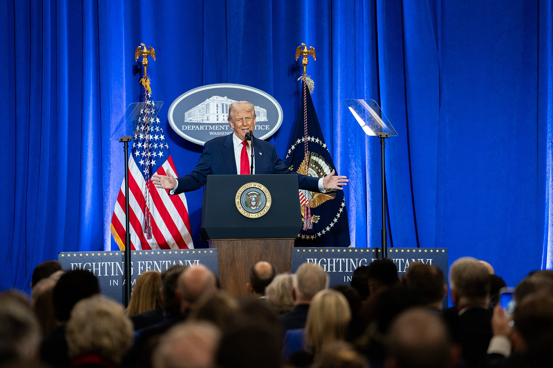 President Trump speaking at the Justice Department