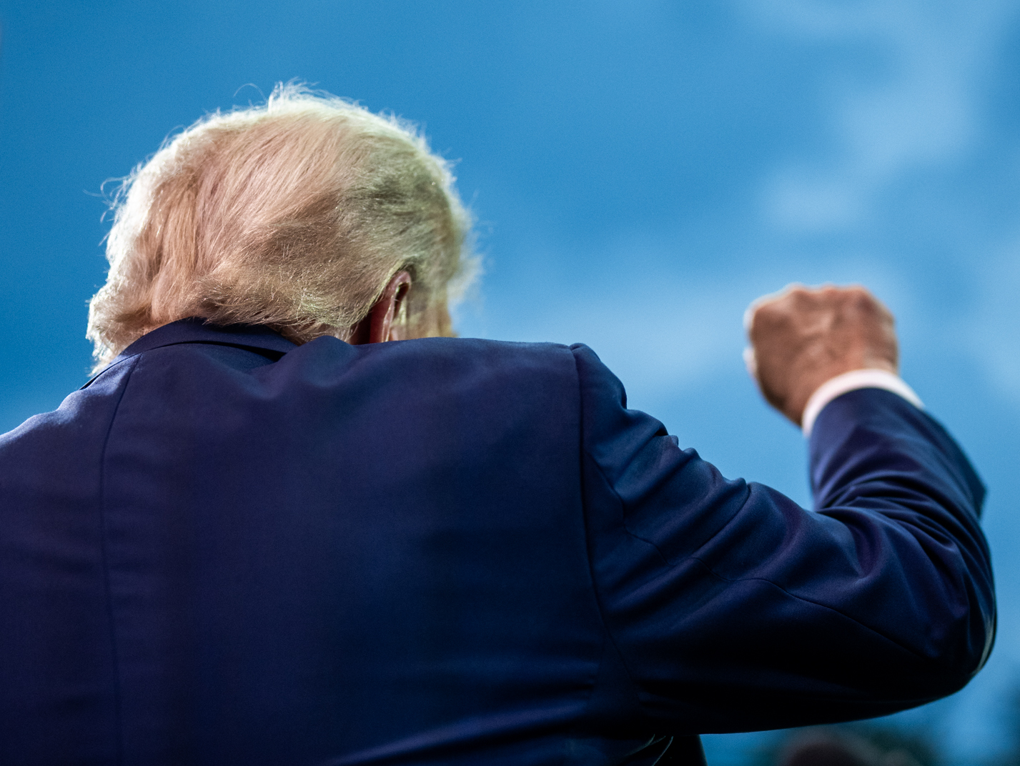 Donald Trump fist at the 250th Anniversary of the U.S. Army Grand Parade on June 14, 2025, in Washington, D.C. (cropped)