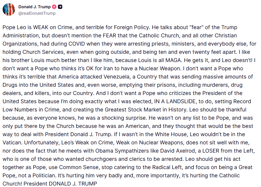 Donald Trump condemns Pope Leo XIV